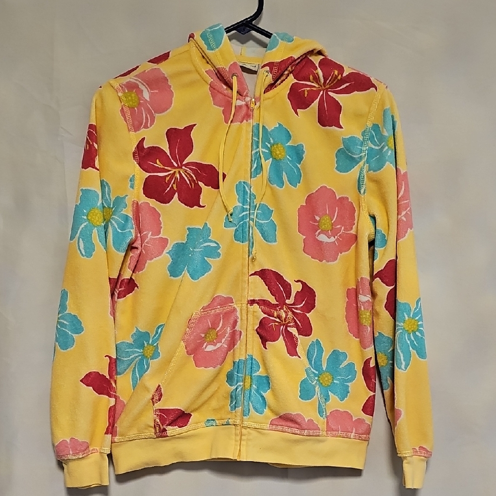 Duck Head Yellow Hoodie with Floral Accents Womens Medium